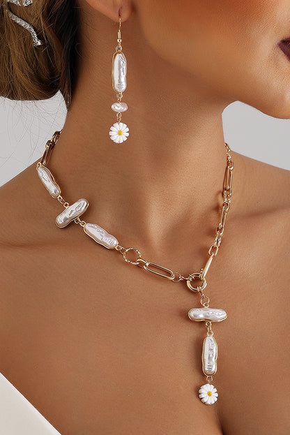 Faux Pearl Daisy Jointed Chain Choker Necklace | Gold