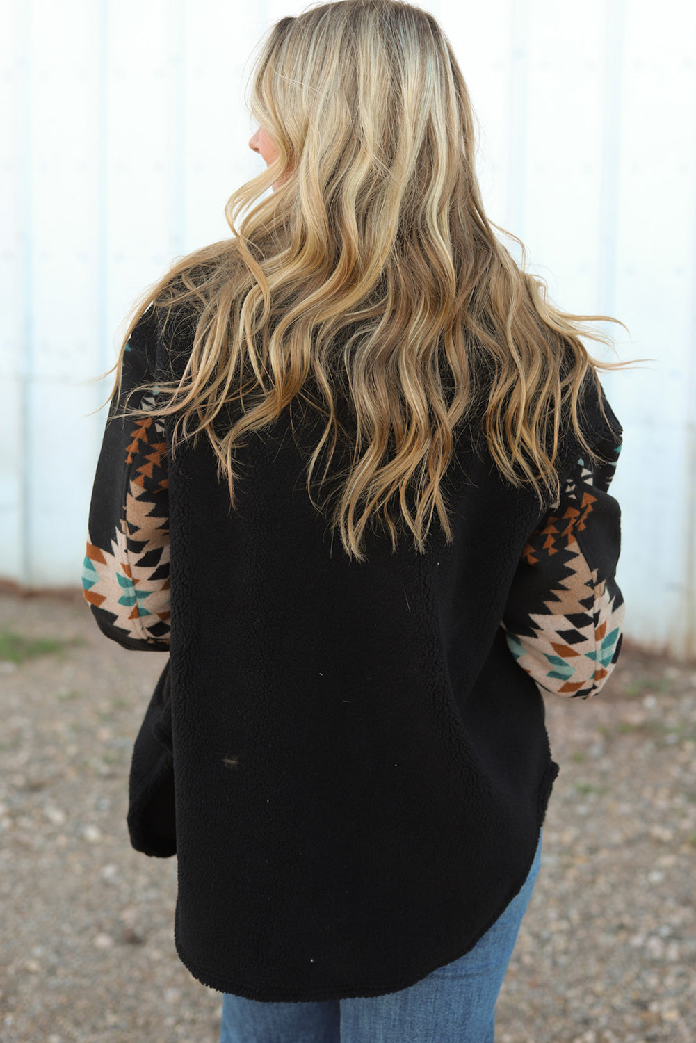 Western Aztec Print Accent Fleece Shacket | Black