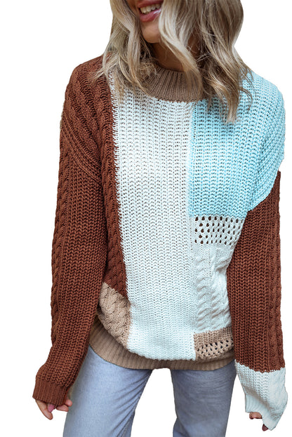 Mix Textured Knit Colourblock Patchwork Sweater | Khaki