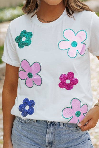 Sequined Flower Pattern Round Neck T Shirt | White