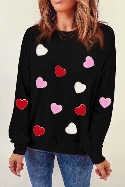 Heart Shaped Chenille Embroidered Crew Neck Sweatshirt | Black