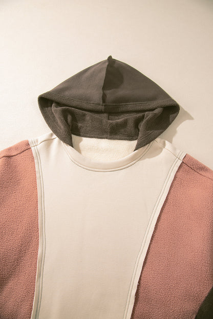 Oversized Colour Block Patchwork High Low Hoodie | Beige