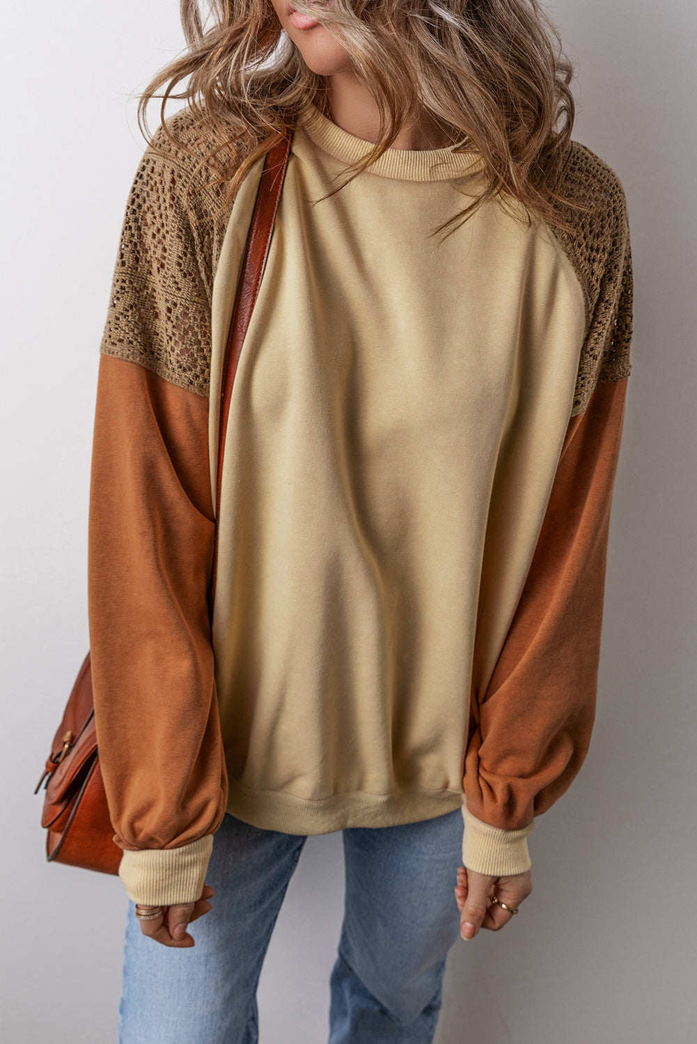 Lace Patchwork Colourblock Drop Shoulder Sweatshirt | Khaki