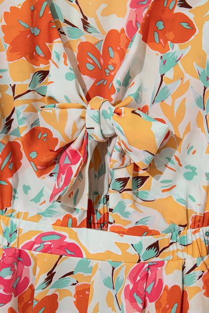 Blooming Floral Print Front Tie Romper | Orange