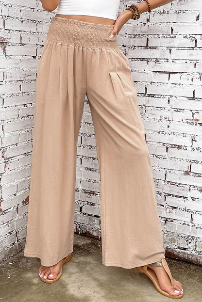 Smocked Wide Waistband High Waist Wide Leg Pants | Khaki