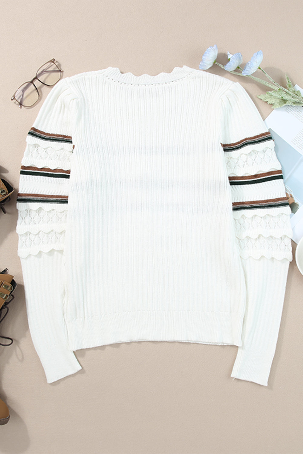 Striped Ribbed Scalloped Detail Knit Sweater | White