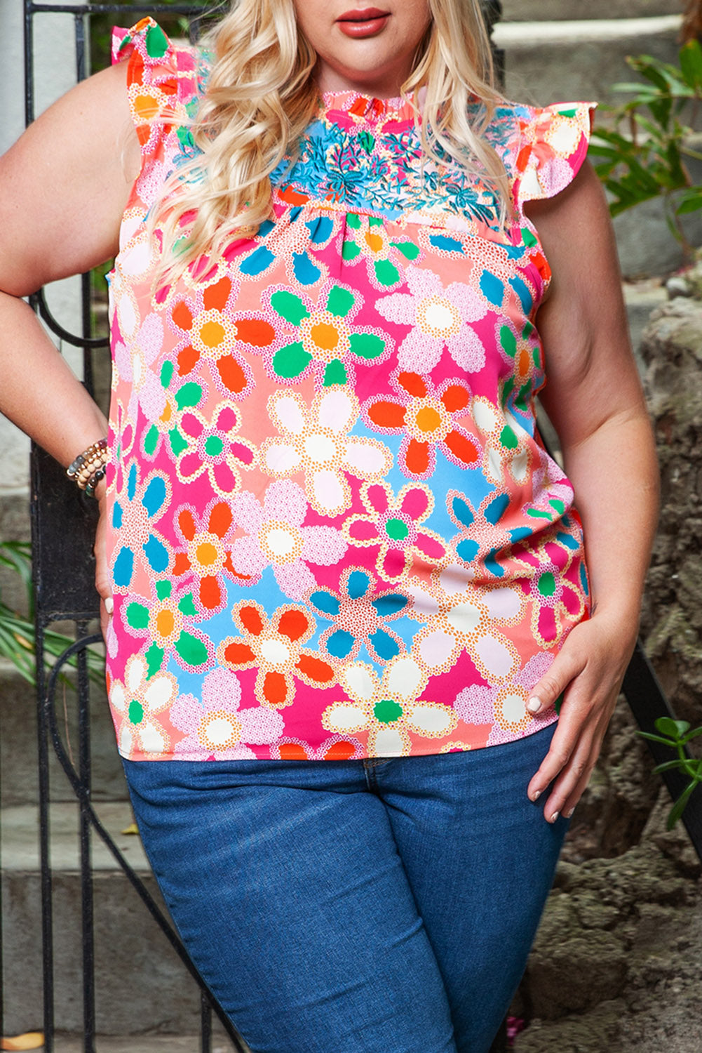 Plus Size Floral Embroidered Flutter Sleeve Tank Top | Multicolour