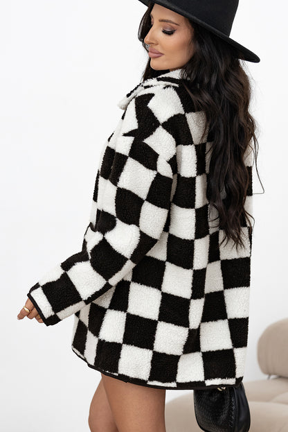 Checkered Side Pockets Collared Buttoned Fleece Jacket | Black