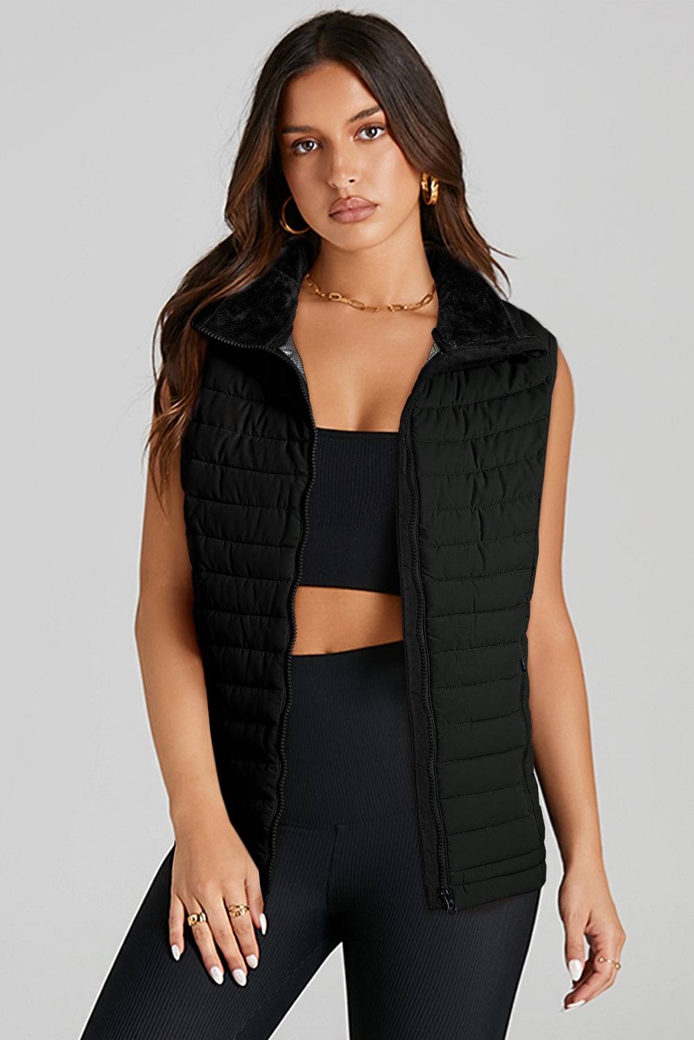 Plush Collared Quilted Zipped Puffer Vest | Black