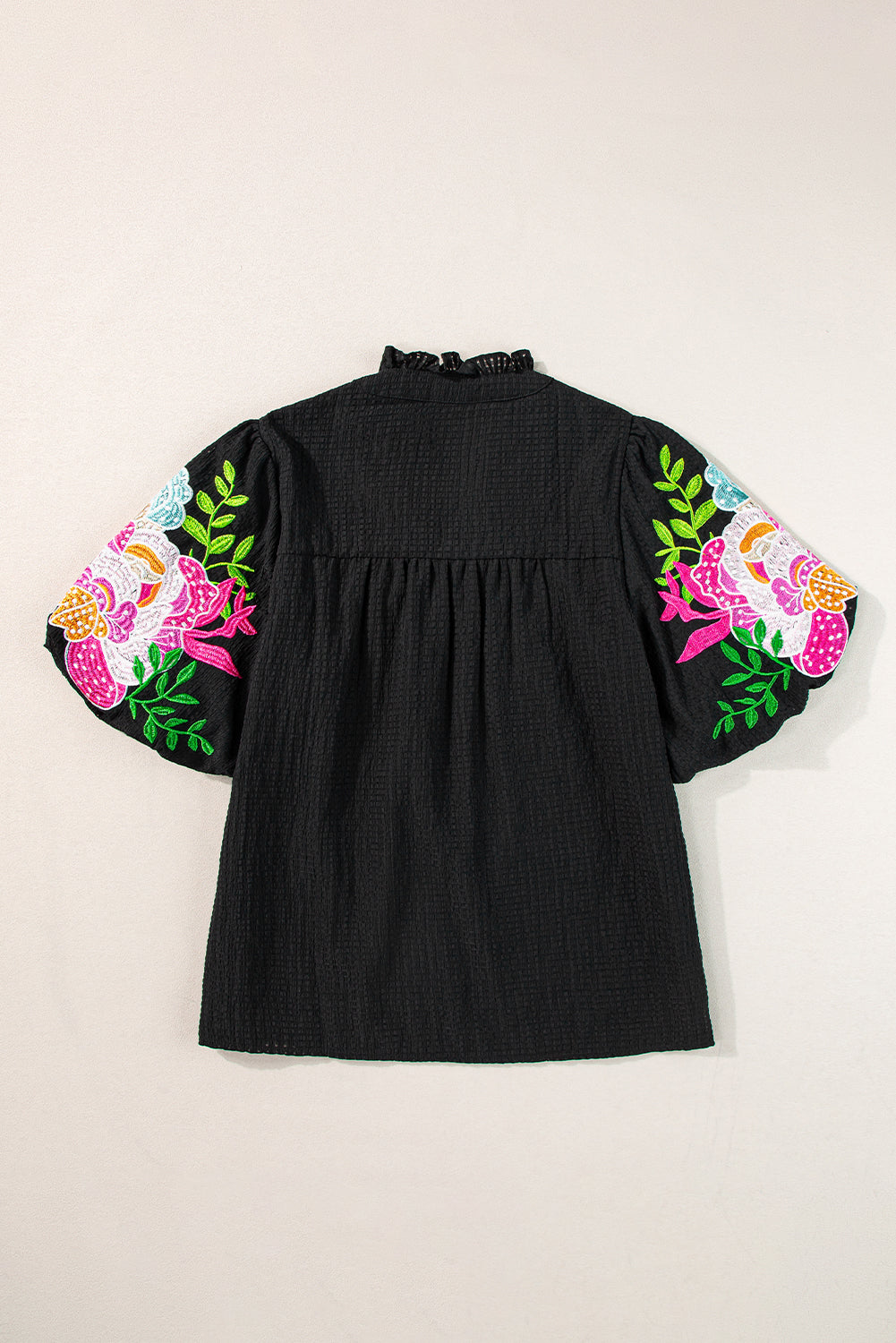 Floral Embroidered Puff Sleeve Notched Neck Blouse | Black