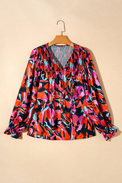 Abstract Floral Shirred Detail Puff Sleeve Blouse | Red Dahlia