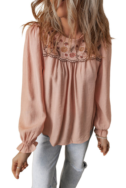 Floral Embroidered Textured Flounce Sleeve Elegant Blouse | Gossamer Pink