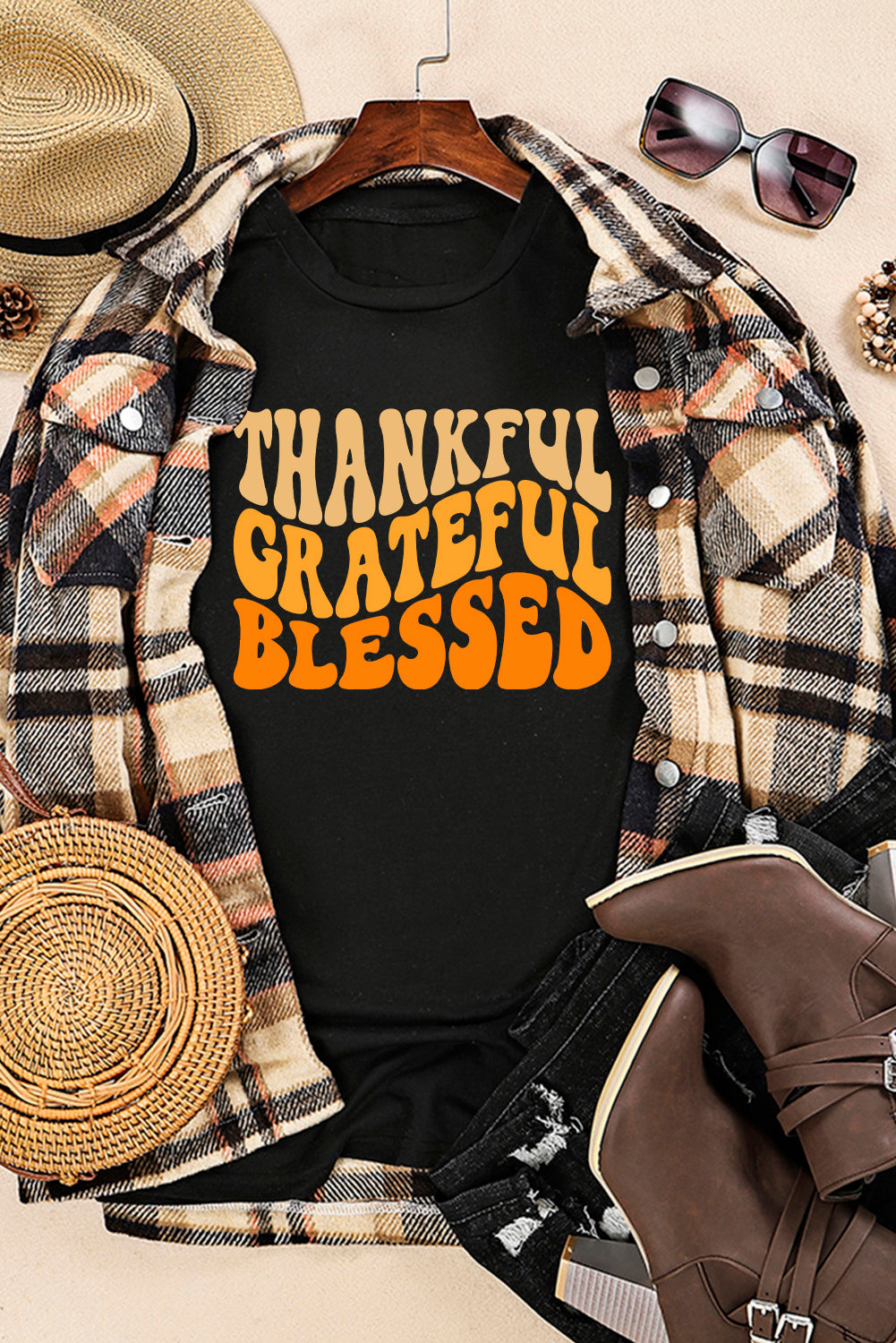 Thankful Grateful Blessed Crew Neck Graphic Tee | Black