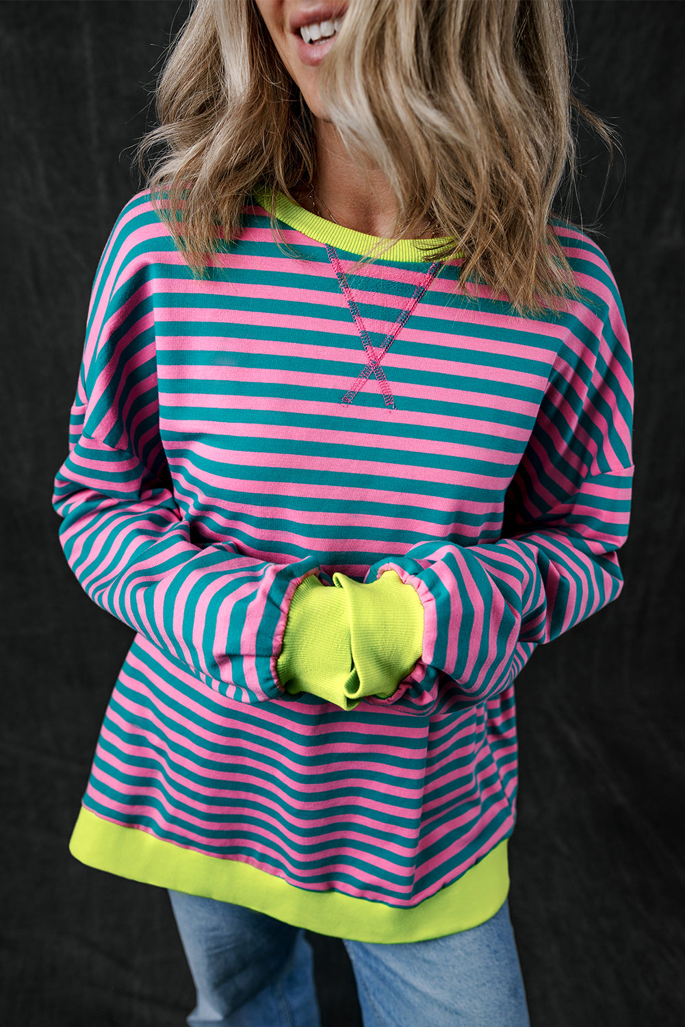 Oversized Contrast Trim Pullover Sweatshirt | Green Stripe