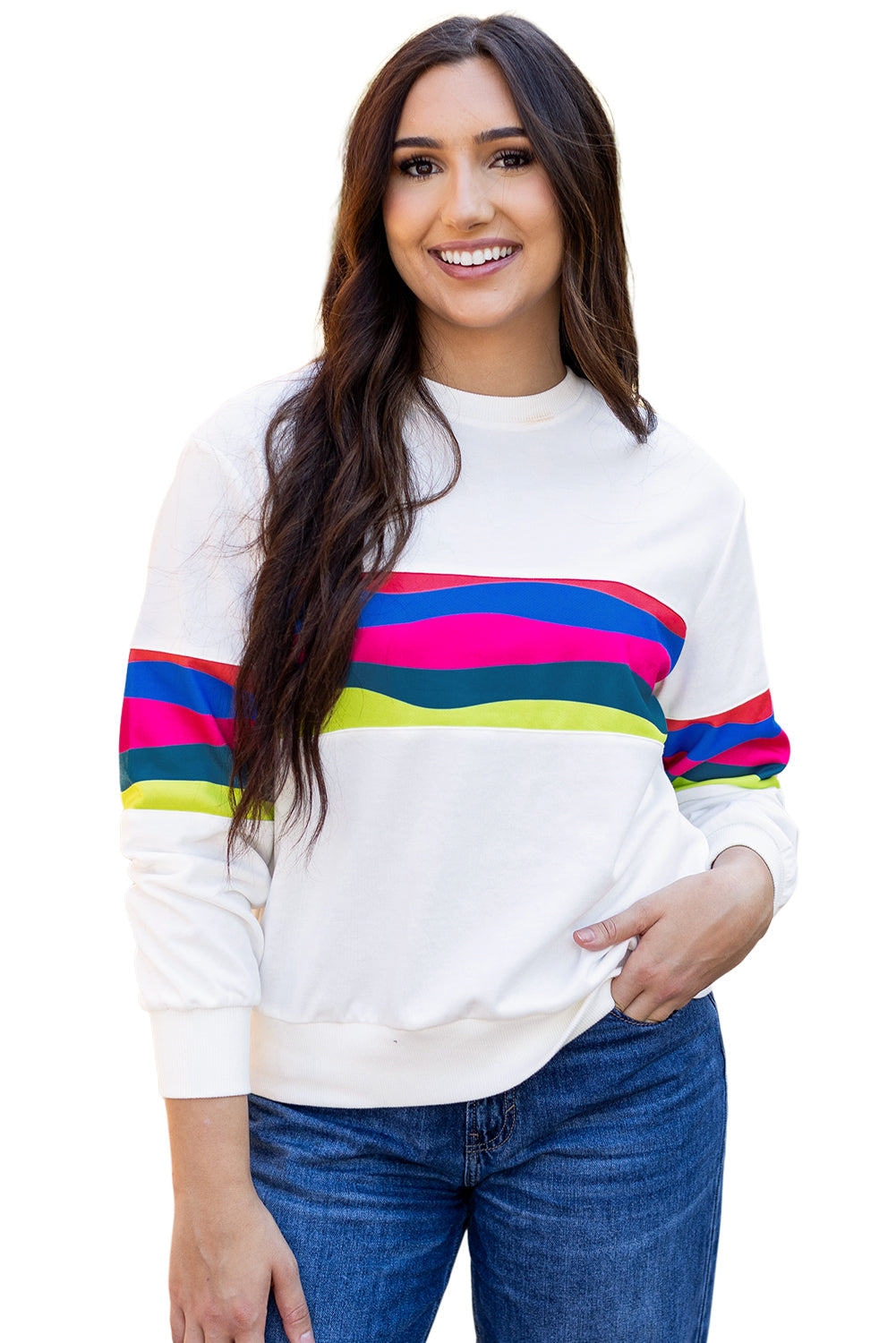 Colourful Striped Accent Long Sleeve T Shirt | White