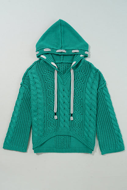 Cable Knit V Neck Contrast Drawstring Hooded Sweater | Sea Green