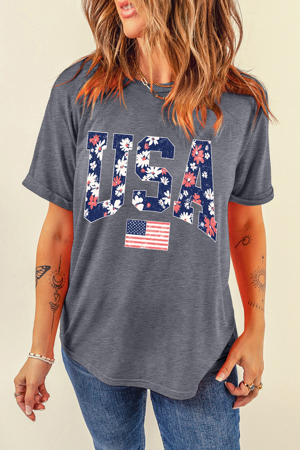 Blooming Usa Flag Print Casual T Shirt | Gray