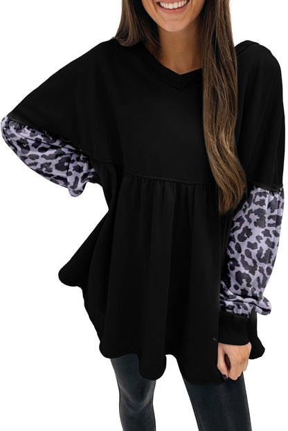 Leopard Splicing Sleeve Ruffle Loose Sweatshirt | Black