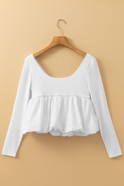 U Neck Long Sleeve Bubble Hem Top | White