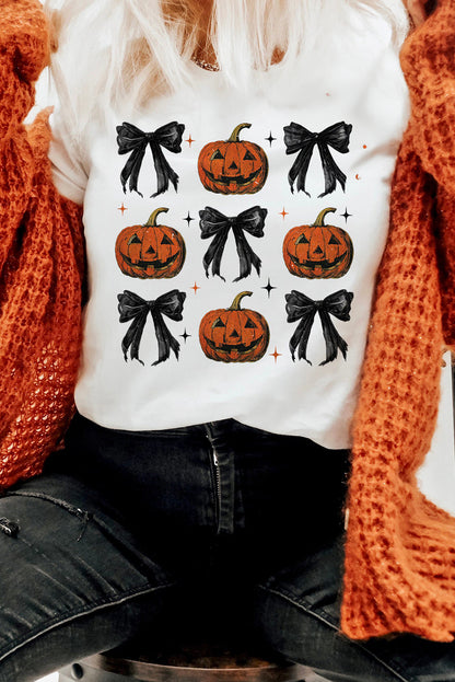 Halloween Pumpkin Face Bowknot Graphic T Shirt | White