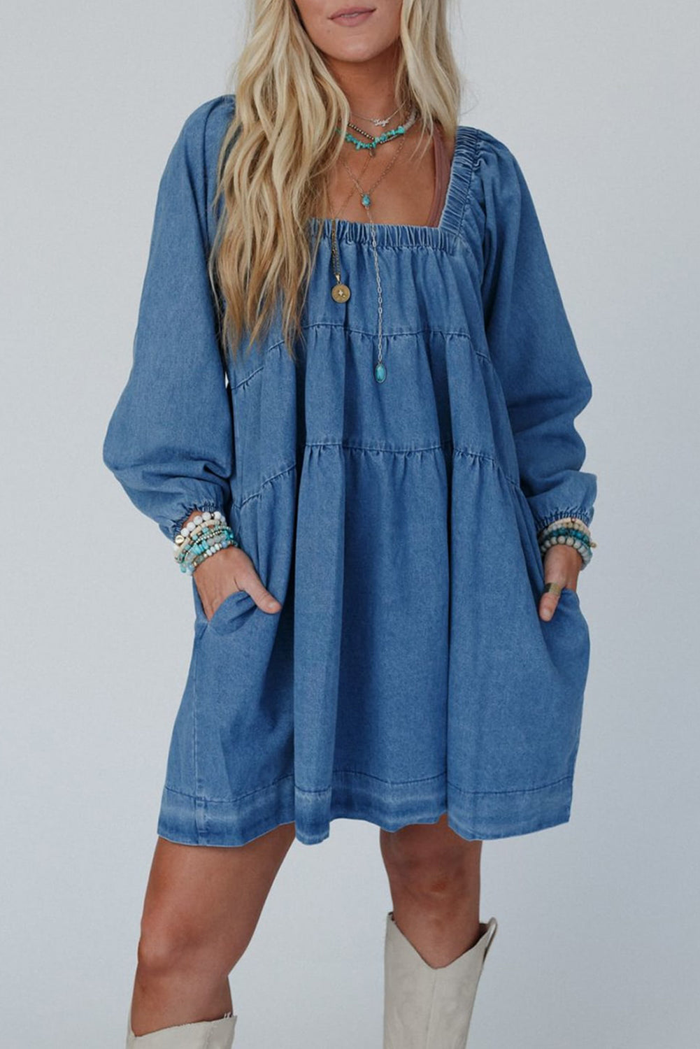 Square Neck Side Pockets Loose Fit Denim Mini Dress | Dusk Blue