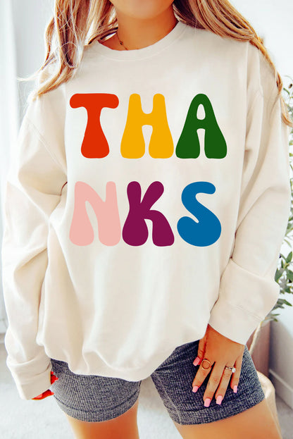 Thanks Printed Crewneck Drop Shoulder Sweatshirt | Beige