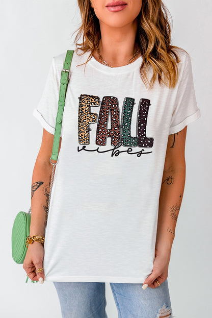 Fall Vibe Leopard Print Crew Neck T Shirt | White