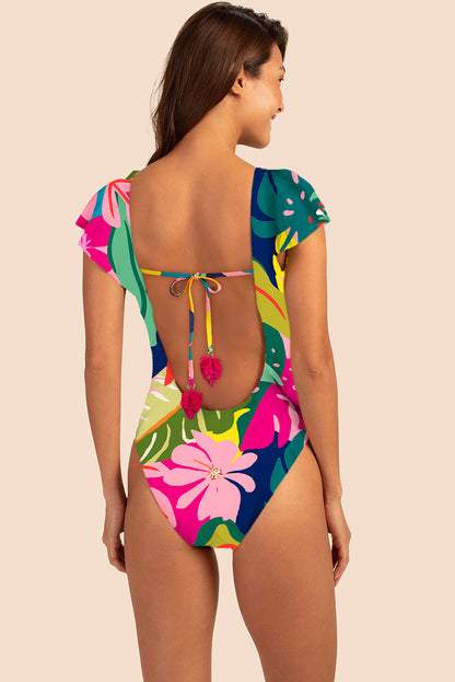 Tropical Print V Neck Tied Backless One Piece Swimsuit | Green