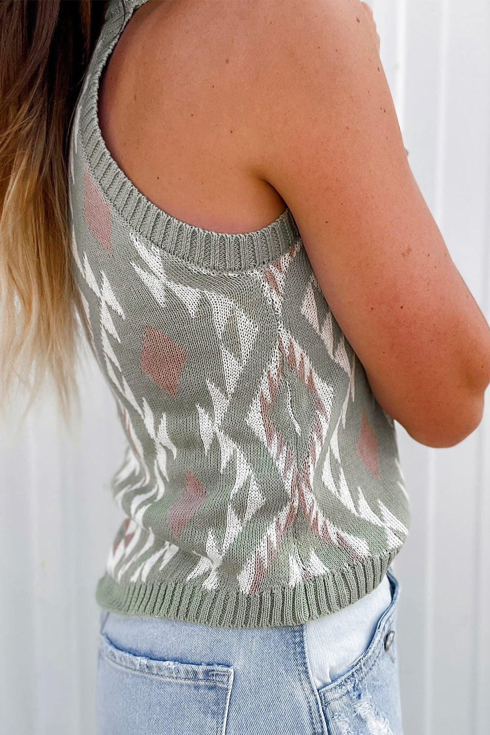 Western Tribal Aztec Pattern Knit Sweater Tank | Laurel Green