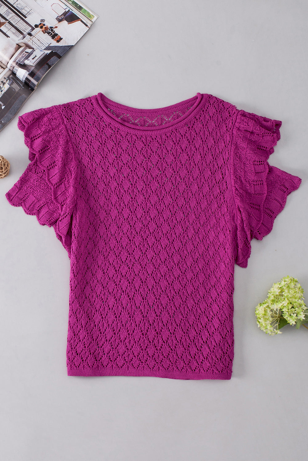 Ruffled Short Sleeve Textured Knit Sweater | Violet