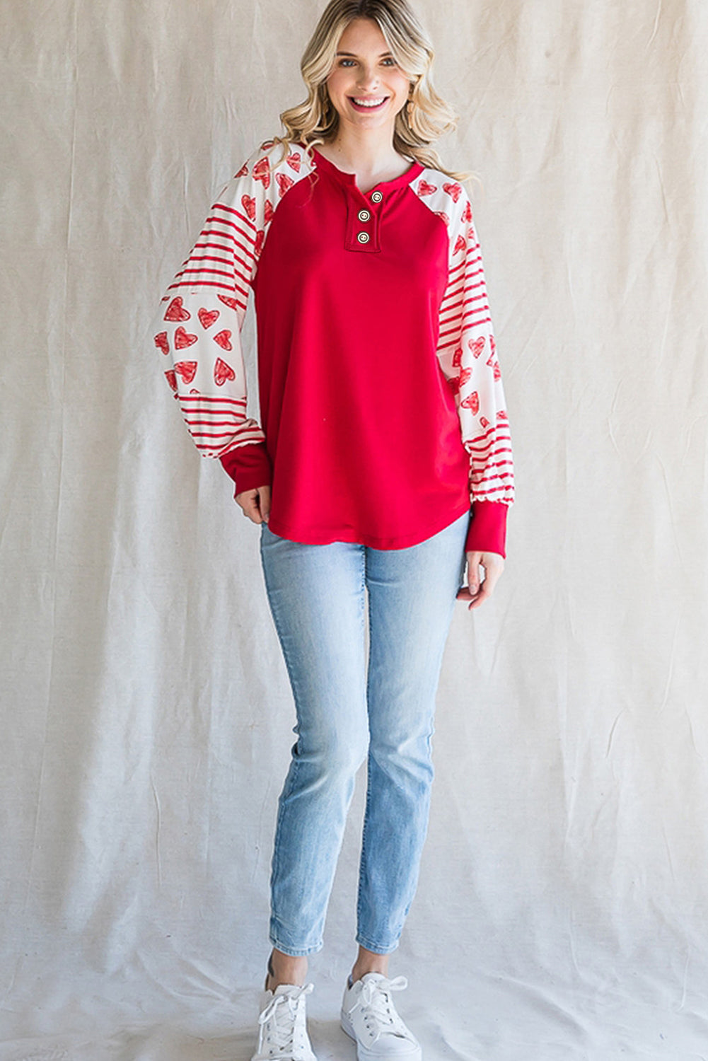 Heart Striped Raglan Sleeve Henley Top | Fiery Red