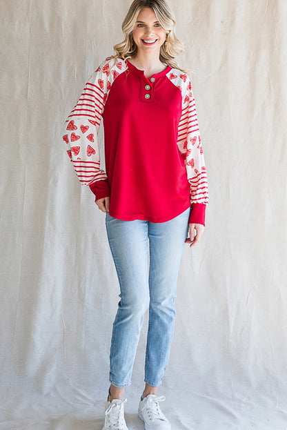 Heart Striped Raglan Sleeve Henley Top | Fiery Red