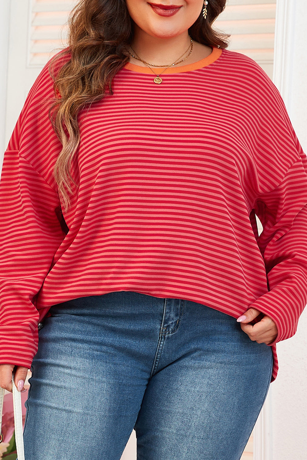 Plus Size Drop Shoulder Long Sleeve Buttoned Decor Top | Orange Stripe