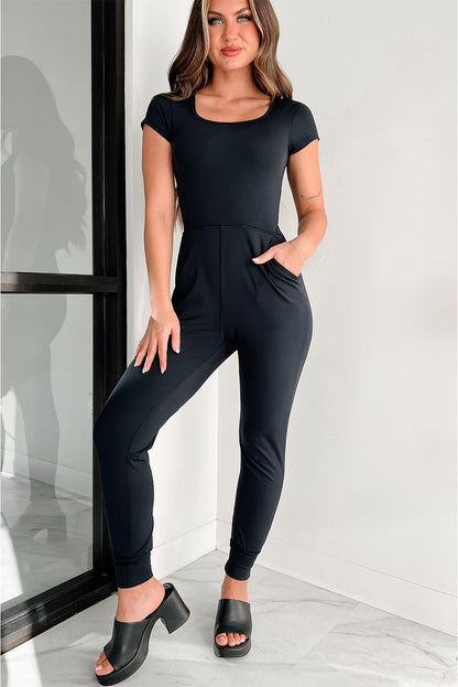 Short Sleeve Pocket Jogger Bottom Athleisure Jumpsuit | Black