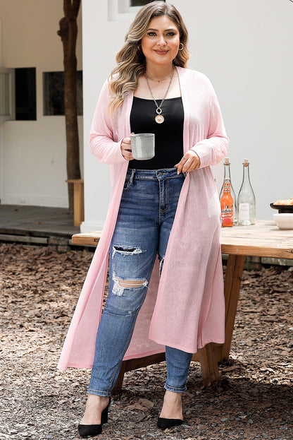 Sheer Knitted Long Side Slit Plus Size Cardigan | Pink