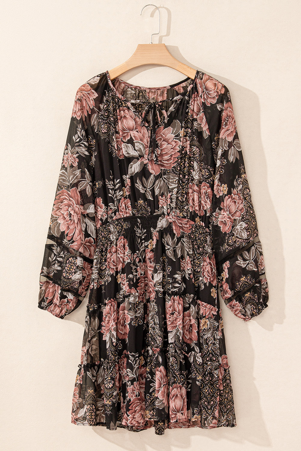 Vintage Floral Puff Sleeve V Neck Smock Waist Dress | Black