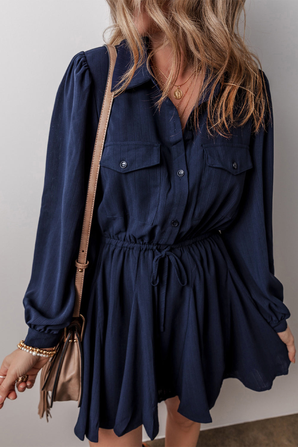 Navy Blue Solid Chest Pockets Tunic Shirt Mini Dress