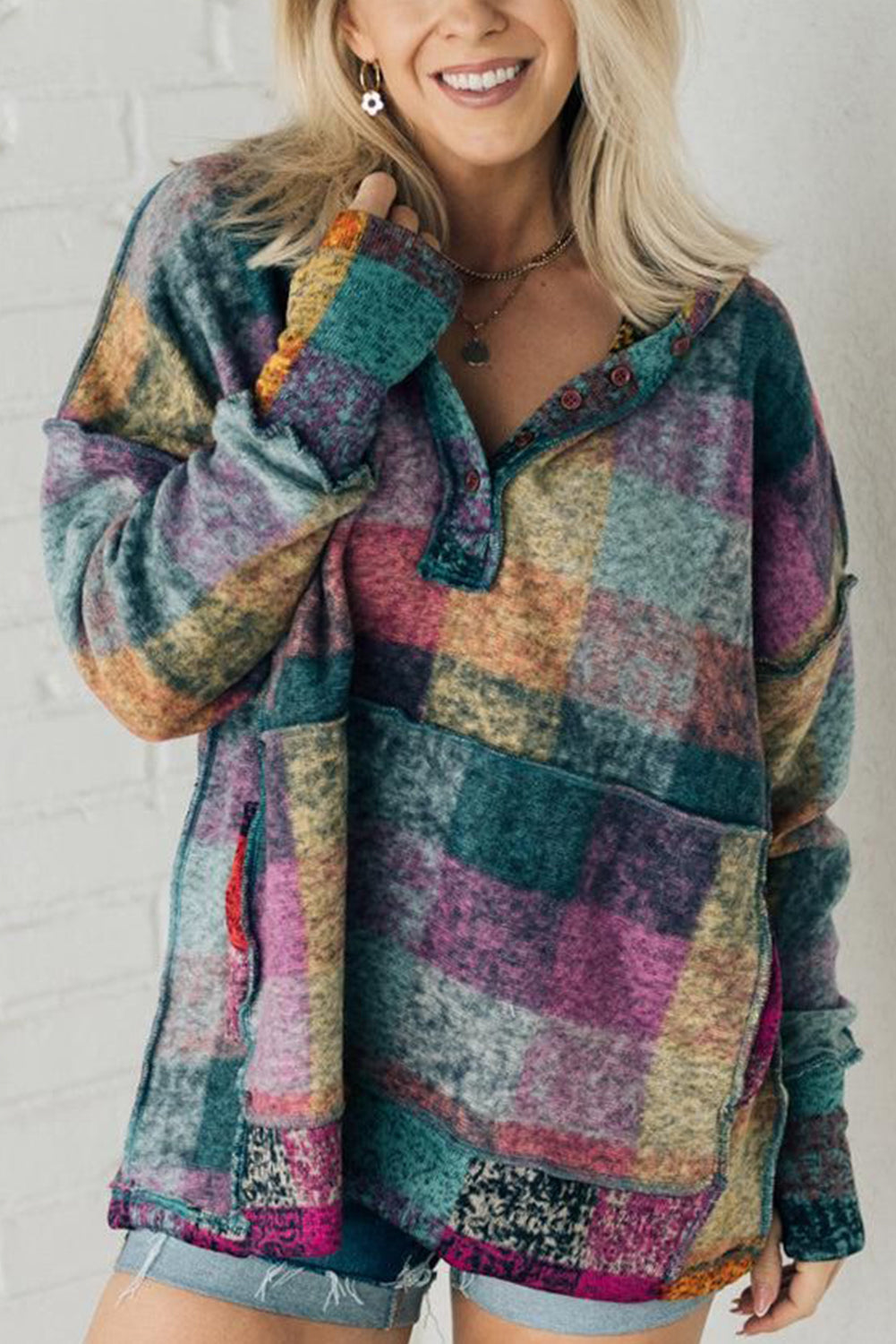 Multicolor Brushed Plaid Buttoned Pullover Oversized Hoodie