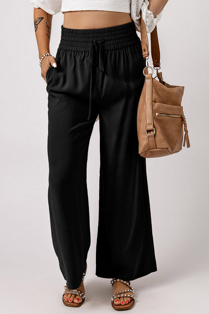 Drawstring Elastic Waist Casual Wide Leg Pants | Black