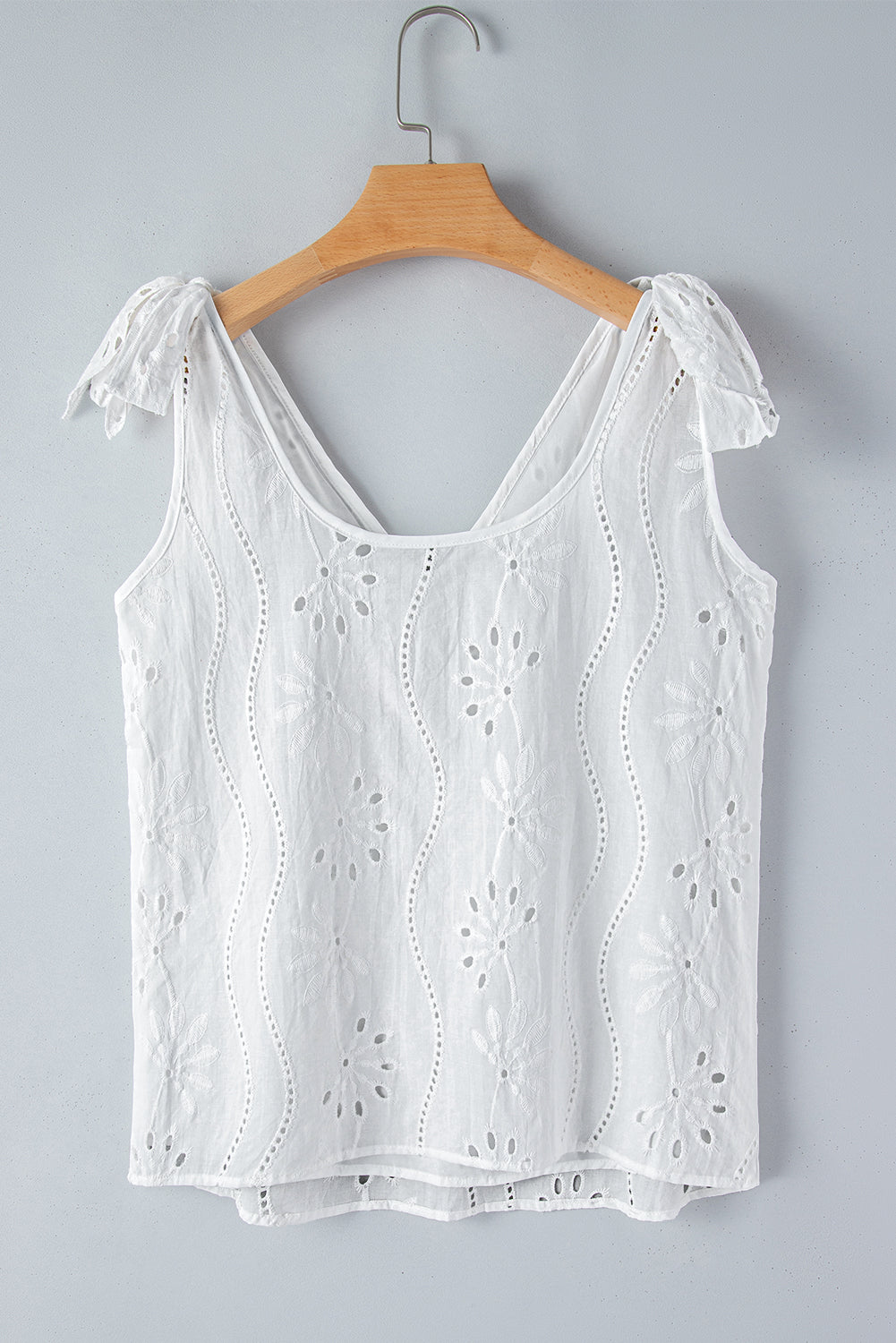 Embroidery Patterned Knotted Straps V Neck Tank Top | White