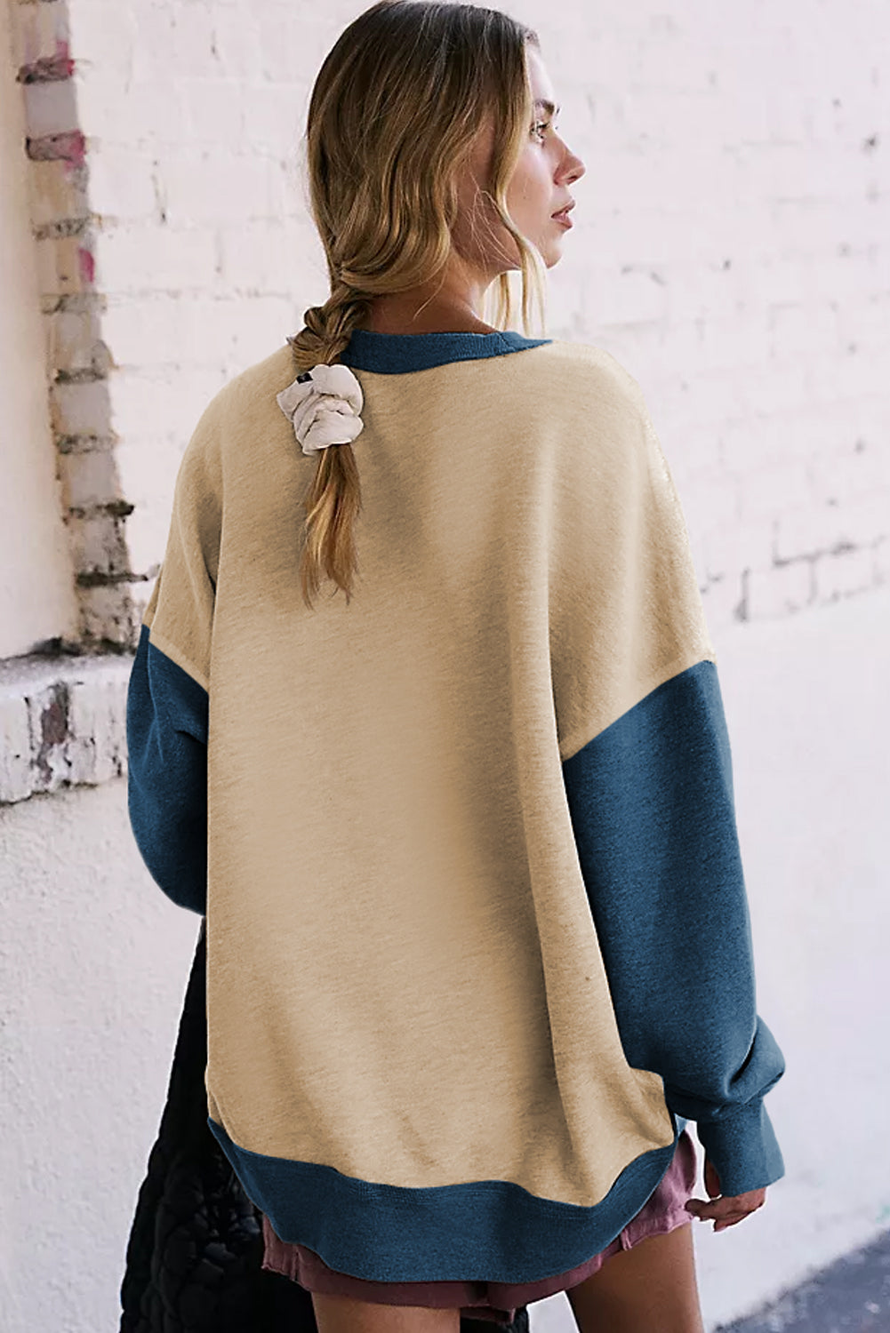 Colour Block Thumbhole Sleeve Drop Shoulder Sweatshirt | Parchment