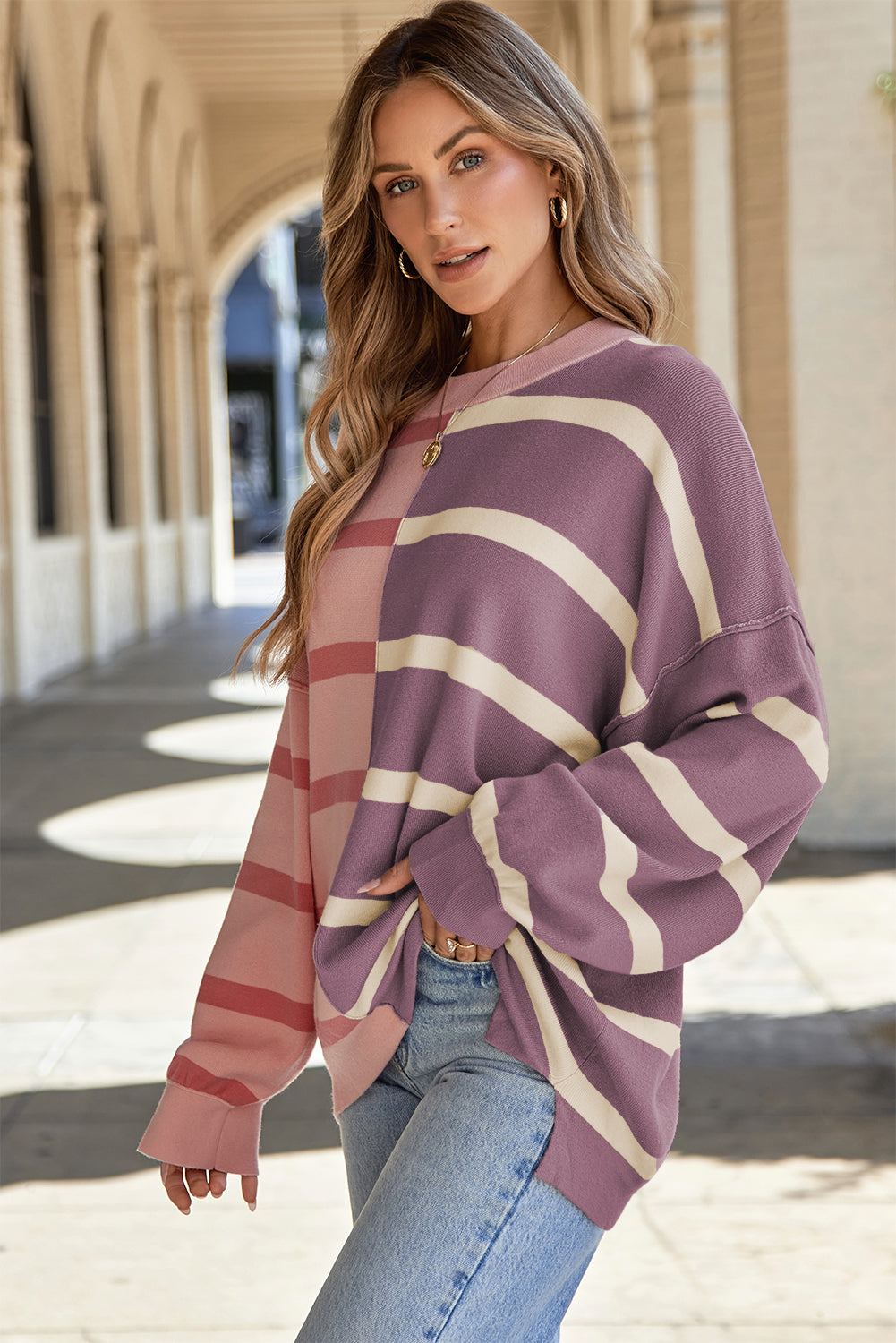 Colourblock Oversized Sweater | Pink Stripe