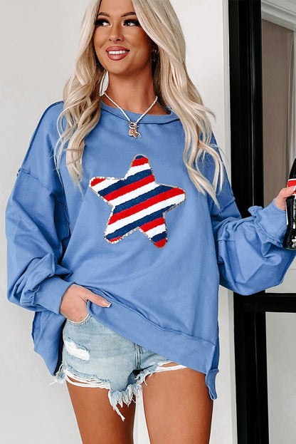 Sequin Trim Embroidered Star Usa Pattern Sweatshirt | Sky Blue