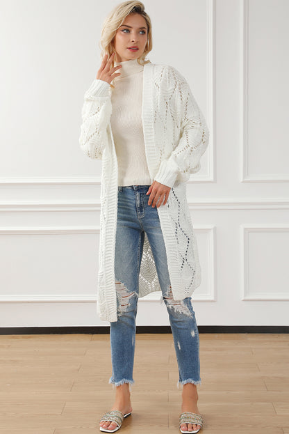 Rhombus Hollowed Knit Open Front Cardigan | White