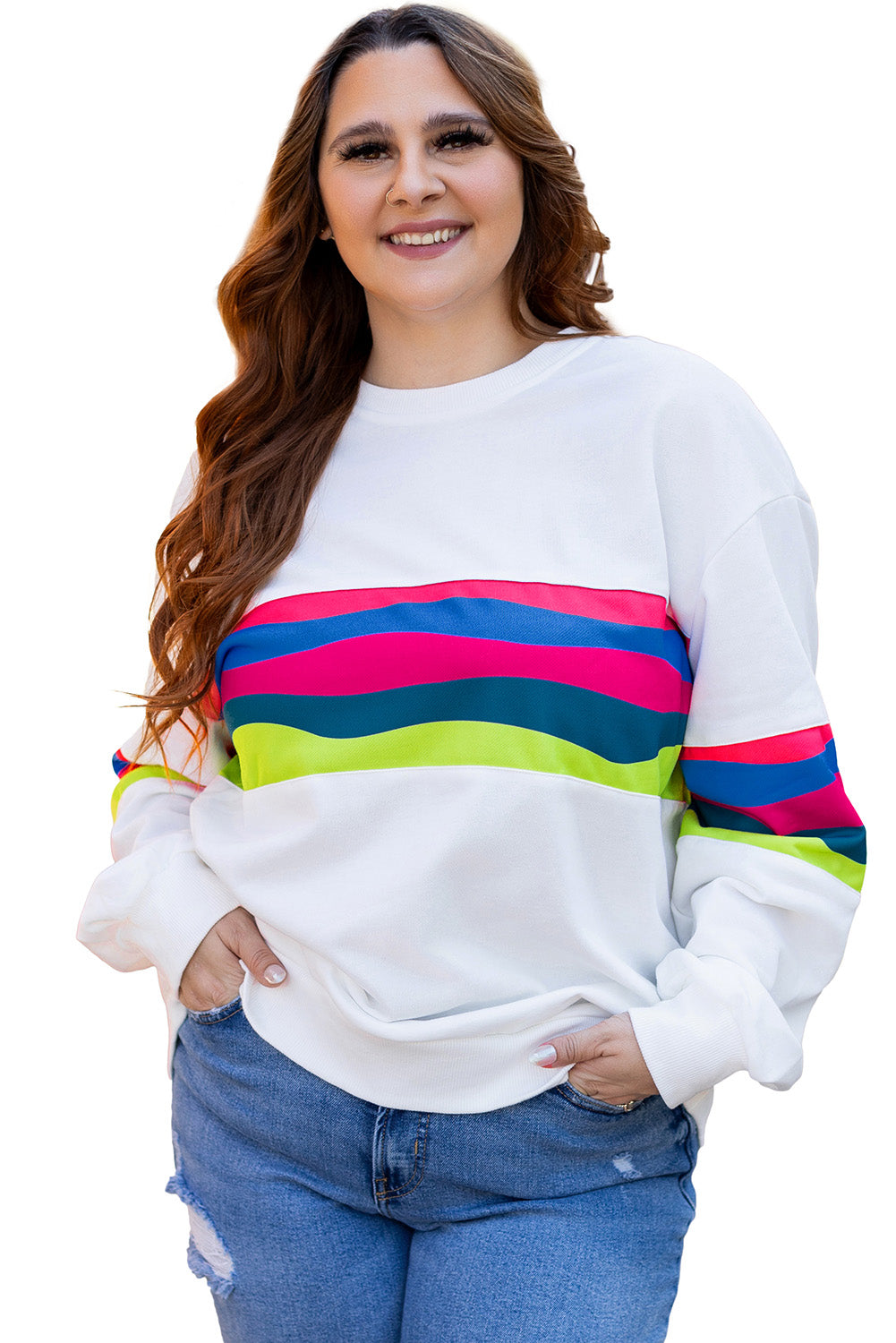 Plus Size Colourful Striped Drop Shoulder Loose Sweatshirt | White