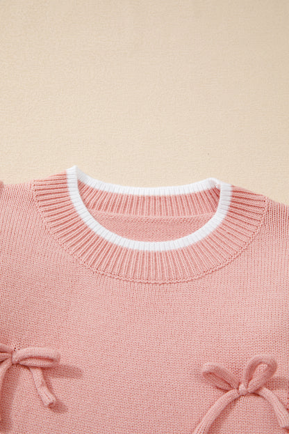 Ruffled Bowknot Ribbed Trim Long Sleeve Sweater | Light Pink