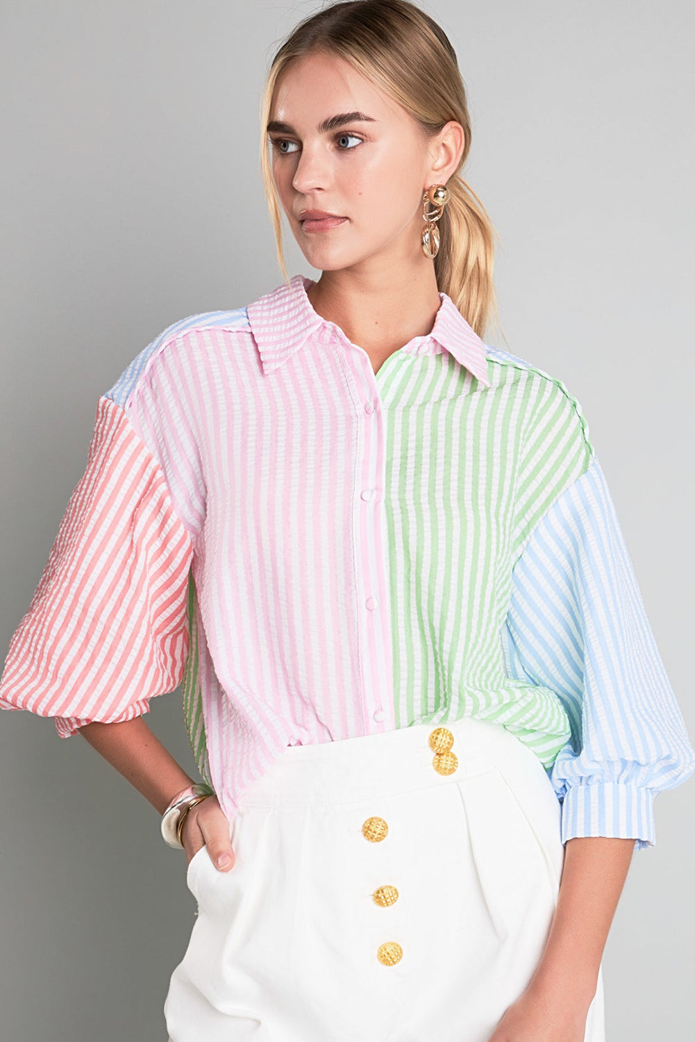 Colour Block Balloon Sleeve Buttoned Loose Fit Shirt | Pink Stripe