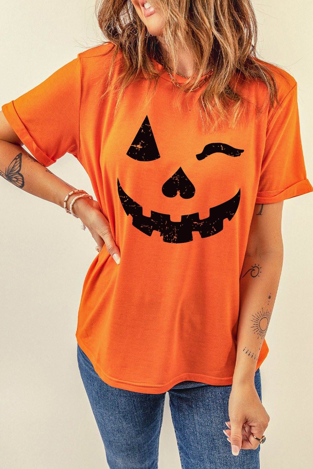 Halloween Pumpkin Face Print Crew Neck T Shirt | Orange