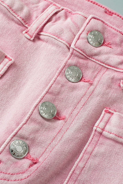 Multi Buttons Raw Edge Crop Jeans | Apricot Pink