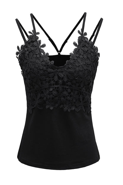 Lace Overlay Strappy Hollow-Out Tank Top | Black